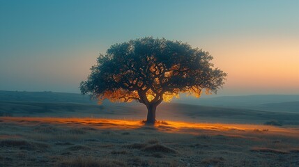 A Lone Tree Glowing with Warm Sunset Light in an Open Field