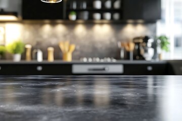 Close-up of a modern kitchen featuring a black stone countertop and grey concrete tabletop, highlighting intricate textures and contemporary interior design elements.
