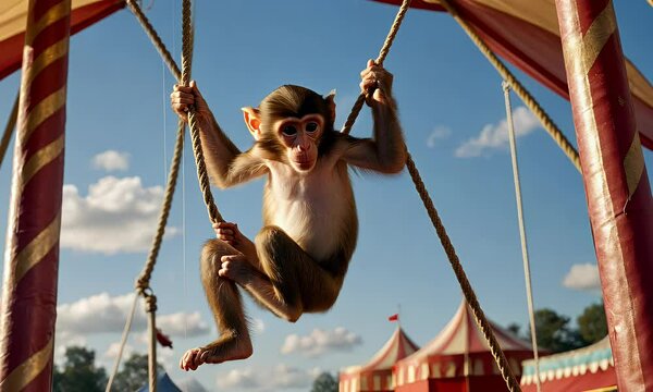 A playful monkey swings on ropes in a circus setting under a blue sky.