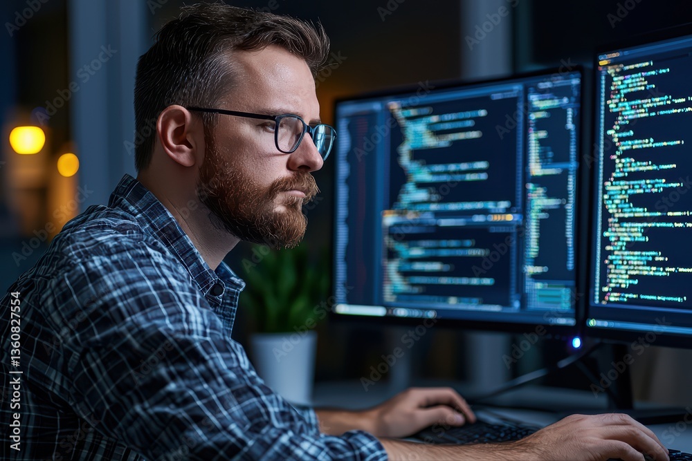 Poster focused programmer working late at computer desk