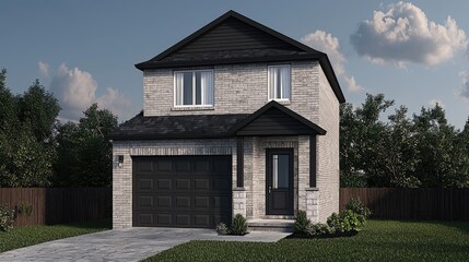 New two-story house with green grass and trees at the background for sale or real estate ad