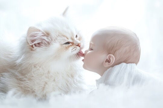 A fluffy white cat and a baby share a tender moment, noses and tongues touching.