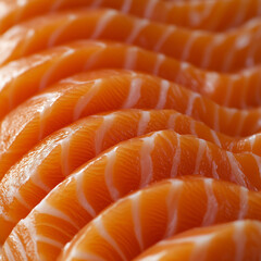 Culinary delight awaits with beautifully arranged slices of fresh salmon at a lively seafood market