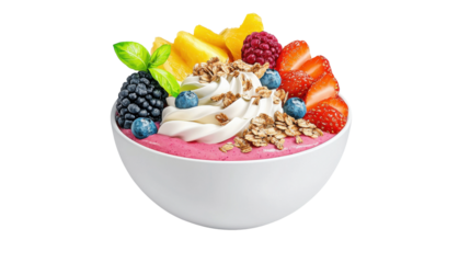 A vibrant and nutritious bowl filled with a variety of fresh fruits creamy yogurt and crunchy granola making for a delightful and wholesome breakfast or snack
