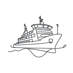 Obraz premium Outline drawing of a large ship in minimal style with calm waves and copy space