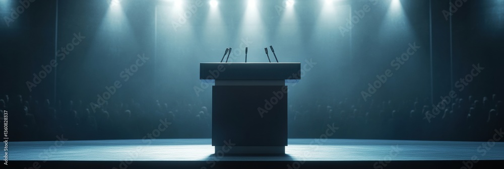Poster Modern political podium with multiple microphones illuminated by spotlight in front of an engaged audience Generative AI