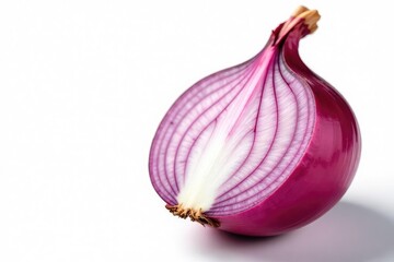 Fototapeta premium Close-up of red onion, showing layers and texture, pure white backdrop, root, healthy, bulb