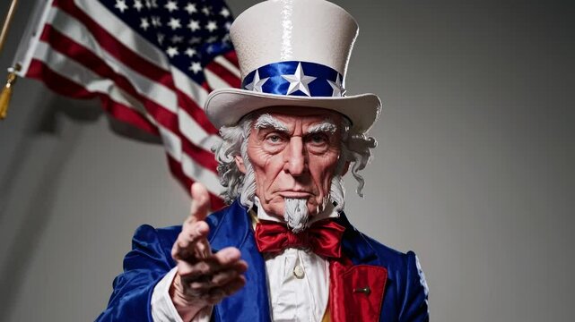 Patriotic video concept with a close-up, low-angle shot of a man in Uncle Sam attire pointing, American flag in the background.
