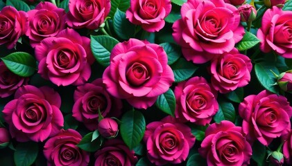 Bold fuchsia roses, lush leaves, repeating motif , botanical, summer