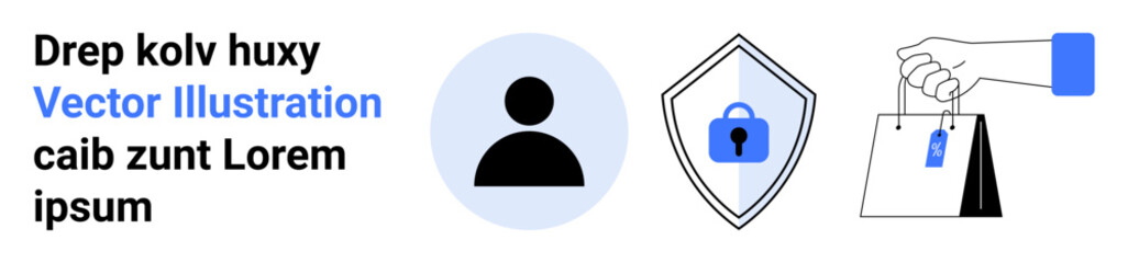 Person icon, shield with padlock, hand holding shopping bags. Ideal for data privacy, cybersecurity, user identity, e-commerce, online security, digital transactions flat landing page banner