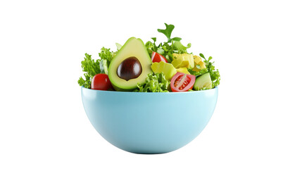 A vibrant and nourishing avocado salad with mixed greens tomatoes and other fresh vegetables in a bright blue bowl