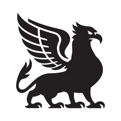 Black Griffin Silhouette with Wings and Curled Tail, Powerful Mythical Creature Artwork