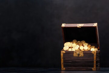 Treasure chest filled with gold coins on dark background