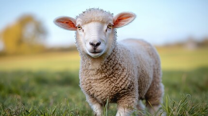 Fototapeta premium Dorset sheep stands peacefully in a green pasture under a clear blue sky