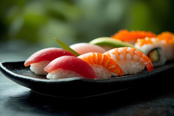 A black tray with a variety of sushi on it