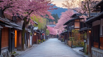 Obraz premium A historic street in Kyoto, lined with cherry blossoms and traditional wooden houses --ar 16:9 --v 6.1 Job ID: 5b66b620-b76e-4ebb-a1f8-866bf665d4b9
