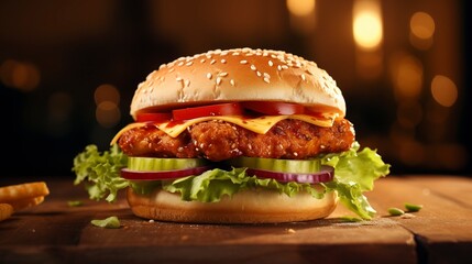 Appetizing chicken burger with cheese, bacon, lettuce,