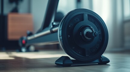 Close up of a dark circular weight on the floor