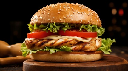 Appetizing chicken burger with cheese, bacon, lettuce,