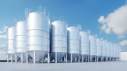 Fototapeta premium Massive biomass storage silos containing eco-friendly fuel sources, ready for combustion in clean energy plants, industrial renewable energy facility, sharp and detailed textures