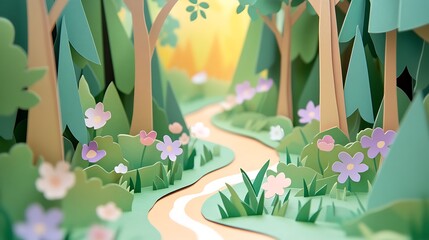 Obraz premium Papercraft forest path with sunlight.
