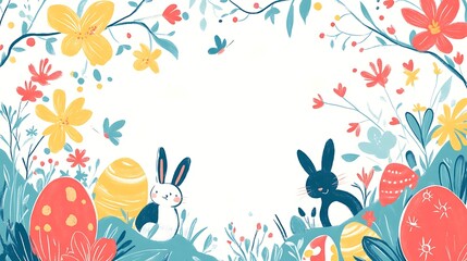 Naklejka premium Easter bunnies floral frame. (1)