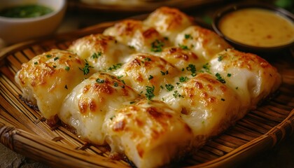 Golden baked cheese bread, adorned with fresh herbs, served on a rustic tray