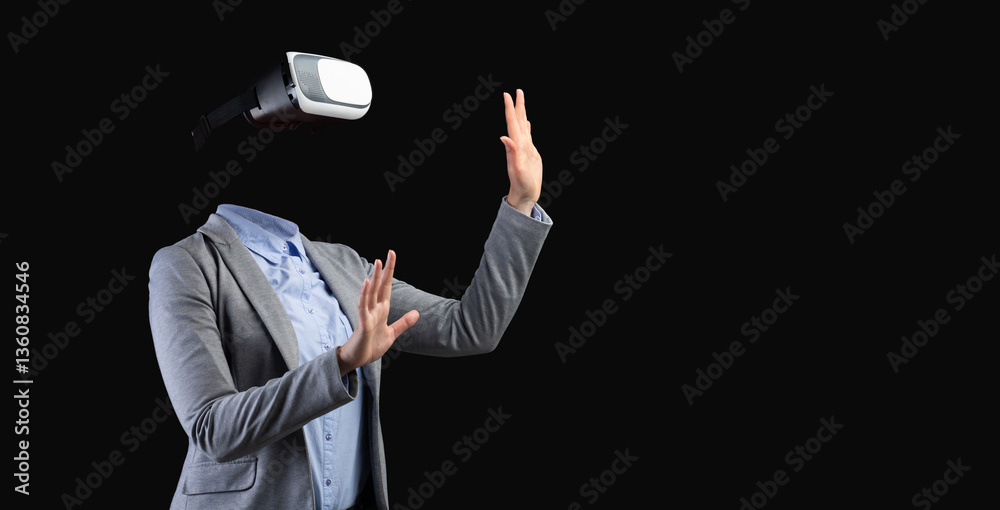 Poster A person engages with a virtual reality gadget, wearing a modern headset. Their body language suggests interaction with an immersive environment, highlighting the technology's capabilities.