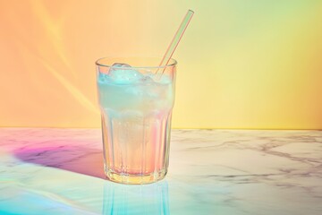 Iced drink in a glass with a straw, pastel background, marble surface.