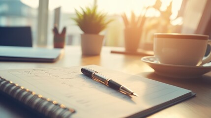A serene workspace featuring a notebook and pen, with a coffee cup and potted plants in a sunlit room