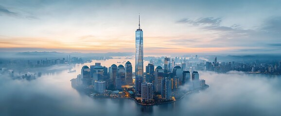 Fototapeta premium Misty cityscape sunrise skyscrapers