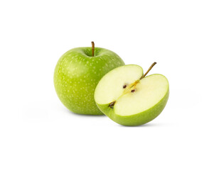 Green ripe apple fruit and half of apple isolated. Granny smith apples with shadows.