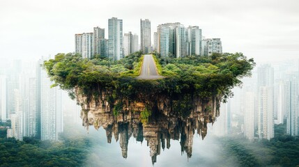 Fototapeta premium Floating City Island; Lush Landscape; Urban Skyline; Surreal; Background View; Potential Use Stock Photo