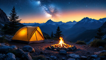 camping tent in the night mountain