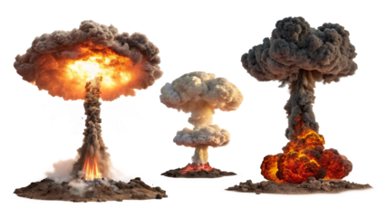 set of nuclear explosions and mushroom cloud isolated on white background,  PNG.
