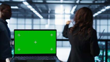 Mockup laptop in front of software developers walking in data center, reviewing equipment...