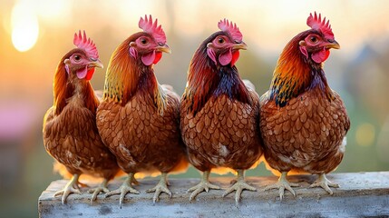 Fototapeta premium Four Chickens at Sunset: A Stunning Image of Farm Animals in Golden Light