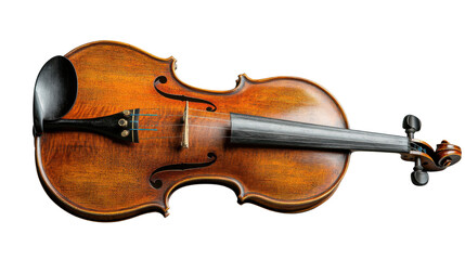 Fototapeta premium High angle view of a vintage violin lying down on a white background, ready to be played