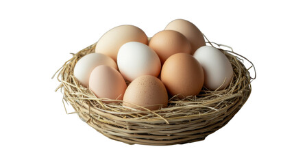 Fresh organic brown and white eggs are lying in wicker basket with hay