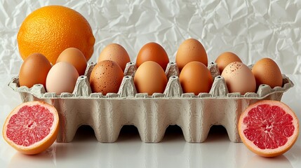 Fresh Eggs, Orange, and Grapefruit Still Life: A Vibrant Culinary Composition
