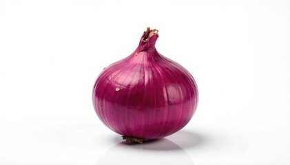 Fototapeta premium Perfectly centered red onion, sharp focus, pure white backdrop, still life, macro, single