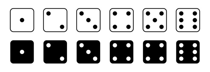 Game dice Icon with side of cube from one to six number. Set of black icon sided for gamble. Dot on cube of casino. Vector illustration.