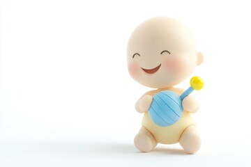 A cheerful 3D rendered baby happily playing with a blue rattle toy.