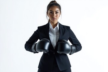 A businesswoman in a black suit confidently wears boxing gloves, symbolizing strength and resilience in the corporate world.