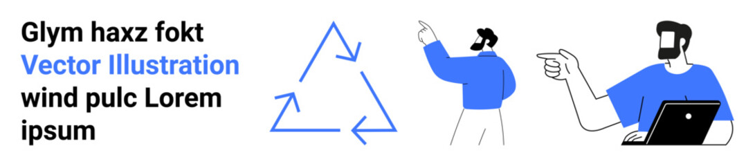 Two professionals discussing ideas with focus on triangular arrow recycling process concept. Ideal for teamwork, collaboration, brainstorming sessions, project planning, recycling, sustainability