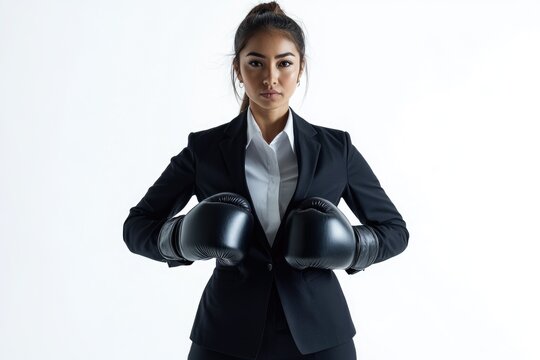 A businesswoman in a black suit confidently wears boxing gloves, symbolizing strength and resilience in the corporate world.