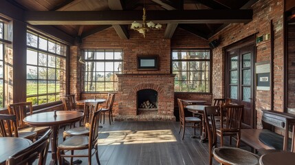 Cozy rustic interior of a cafe with wooden furniture and a brick fireplace, surrounded by large windows and greenery