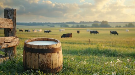 Obraz premium Rustic wooden milk pail filled with fresh milk near barn fence and wandering cows