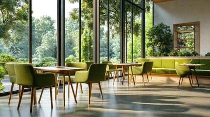 Fototapeta premium Modern café interior with green chairs and tables, surrounded by large windows showcasing a lush garden view