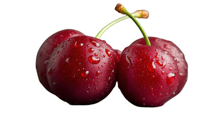 Obraz premium Ripe red cherries with water drops and stems on white background